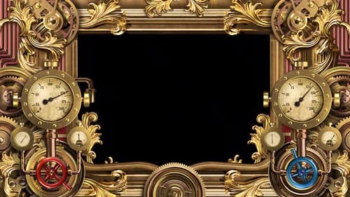 Steampunk Animated Frame with Gears and Pressure Gauges