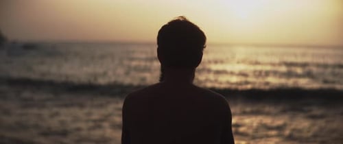 Vista traseira de um homem olhando para o pôr do sol na praia