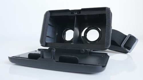 ZAJECAR, SERBIA - OCTOBER 2016 Close-up details of virtual reality 3D 360 headset opened on white b