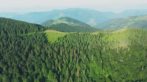 Aerial Drone View of a Country Road Through Green Hills on the Mountains