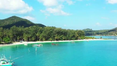 Fishing boats floating on calm turquoise lagoon at sunrise on tropical island shore with palm trees