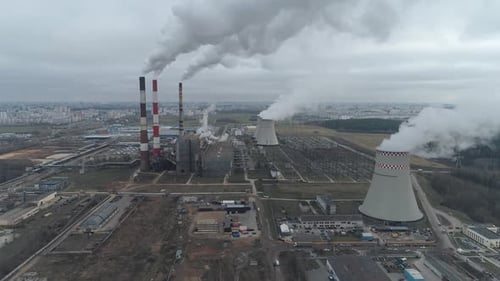 Thermal Power Energy Station View From Height to Pipes in Fog Steam and Smoke From Pipes
