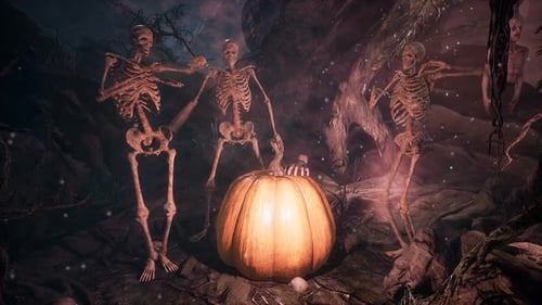 Spooky Dancing Skeletons with Glowing Pumpkin Halloween Animation