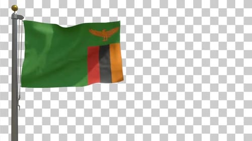 Realistic Zambia Flag Waving on Flagpole with Alpha Channel