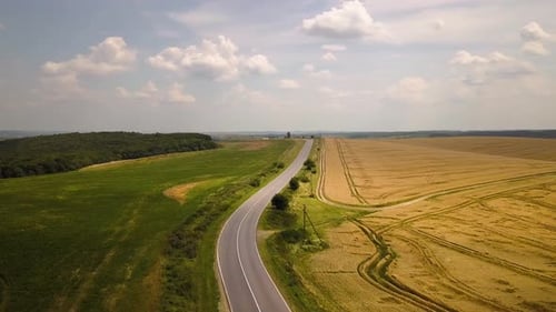 Aerial view of a road with moving cars between yellow agriculture wheat fields ready to be