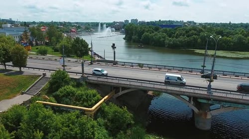 Aerial view of city river. Aerial drone shooting of the landscape in city