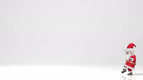 Santa Walks as Christmas Gifts Form Tree and Merry Christmas Text Appears