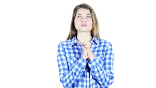 Woman Praying with Hands Clasped on White Background