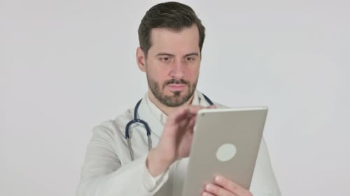 Portrait of Attractive Doctor Using Tablet White Screen