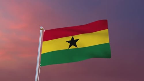 Realistic Ghana Flag Waving Against a Sunset Sky