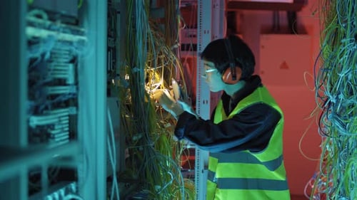 Male Asian System Administrator Working in Data Center