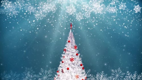 Elegant Christmas Tree with Sparkling Snow and Light Rays