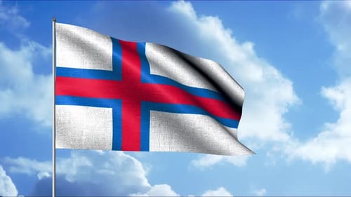 Waving Faroese Flag on a Pole in a Bright Blue Sky