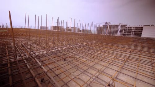Steel Rebar Framework on Urban Construction Site
