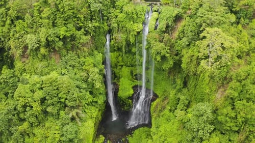 Hidden in Jungles Beautiful Sekumpul Waterfall on Bali, Indonesia. Aerial View