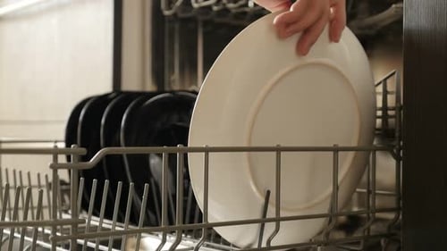 Loading White and Black Plates into Dishwasher