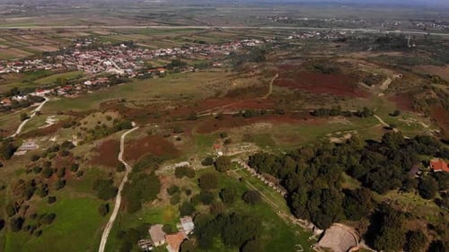 View From Drone of Ancient Ruins Monastery and Beautiful Green Fields