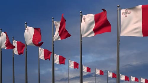 Realistic Malta Flags Waving in Wind Animation