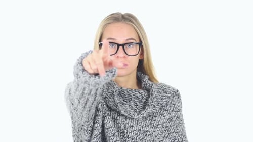 Blonde Woman in Glasses Points Directly at Viewer