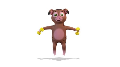 3D Animated Cartoon Pig Doing Jumping Jacks with Dumbbells