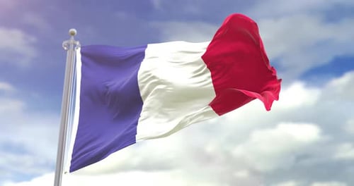 Realistic French Flag Waving in Blue Sky with Clouds