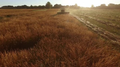 Aerial shot of combine in field at sunrise