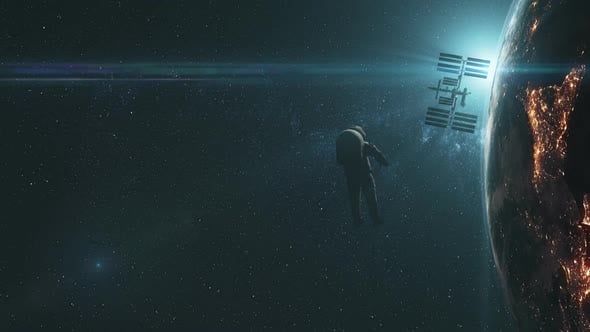 Realistic Spaceman Fly To Revolving ISS Sun Flare, Miscellaneous Motion ...