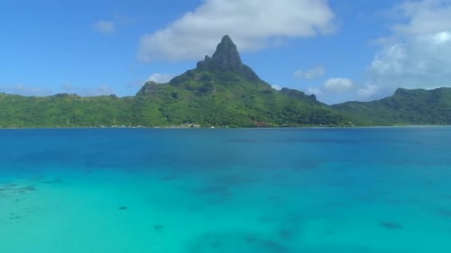 Aerial drone view of the lagoon and Mount Otemanu at Bora Bora tropical island