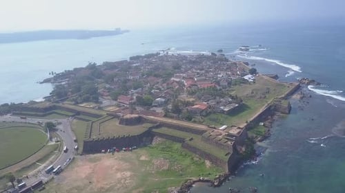 Historical Galle Fort Near Small Town on Cape Against Sea