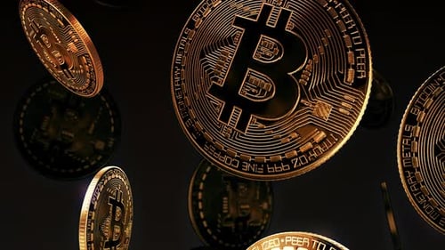 Bitcoin-Münzen fallen wie Regen herunter Looping-Hintergrund