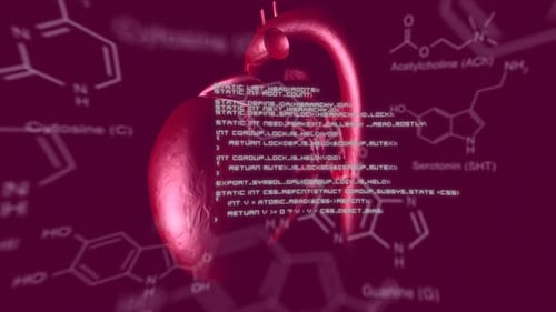 Human heart with data and structural formula of chemical compounds