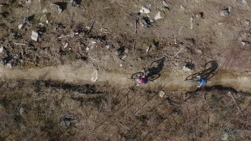 Mountain Bikers Explore Rural Dirt Trail, Aerial View
