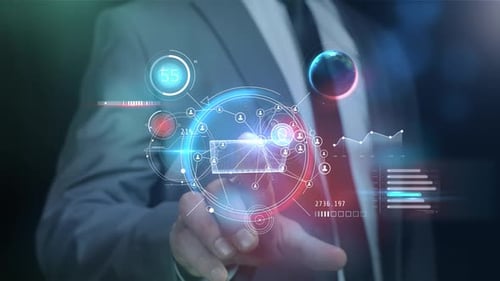Futuristic Business UI with Data Network and Laptop Hologram