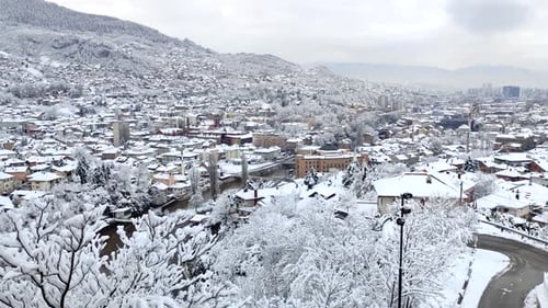 City covered with snow on a winter day