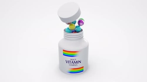 Multi Vitamin Complex Bottle with Colorful Pills Animation