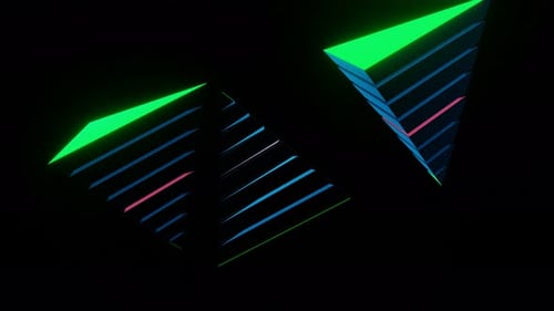 Uma abstração de pirâmides flutuantes brilhando com néon