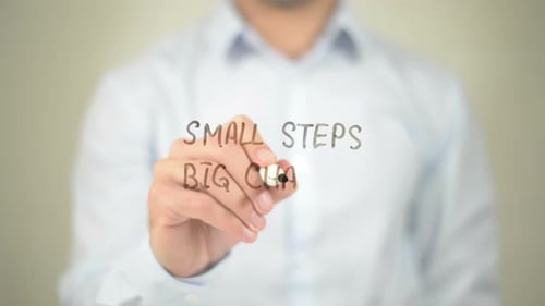 Small Steps Big Changes, Businessman Writing on Transparent Screen