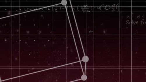 Animation von sich bewegenden mathematischen Formeln und weiß umrissenen Würfeln auf dunklem Hintergrund