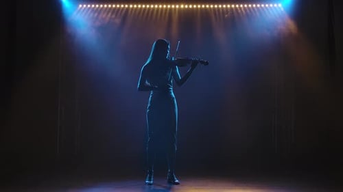 Silhouette of a Female Musician Playing the Violin. Shot in a Dark Studio with Smoke and Neon Lights