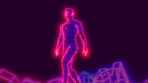 Neon Retro Wireframe Human Figure Walking Cycle Animation