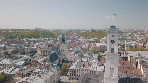 Aerial City Lviv, Ukraine. European City. Popular Areas of the City. Town Hall