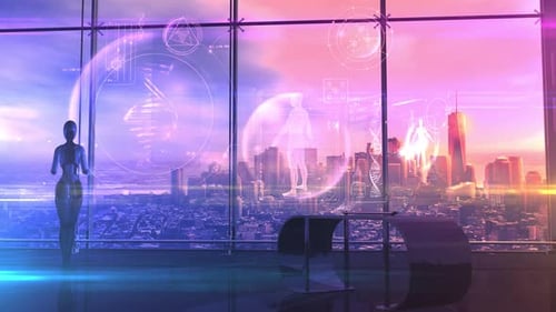 AI Robot Interacting with Holographic Medical and DNA Data Interface