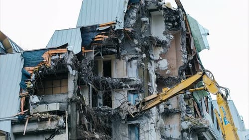 Demolition of an Old Building, Time-lapse. Excavator Destroys Old Building
