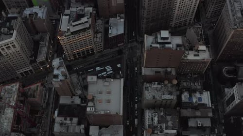 Birds Perspective Flight Over Manhattan New York City Busy Street Lights at Epic Dusk