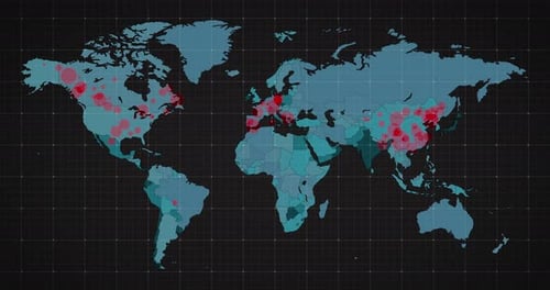 Animation de la carte du monde et des pays virant au rouge à travers des cercles sur fond sombre