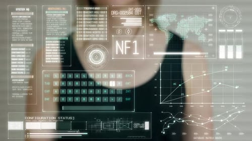 Junge Mädchen drücken auf Futuristisches Benutzeroberflächenkonzept. Graphische Benutzeroberfläche — GUI