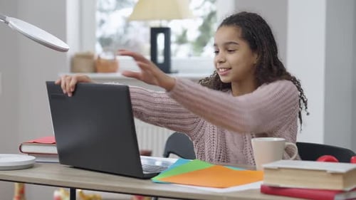 Teenage Beautiful Girl Waving Goodbye at Laptop Web Camera Closing Device Sighing Holding Head in