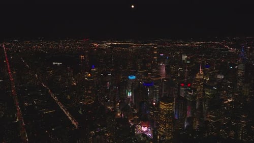 Aerial Panoramic View of Downtown Skyscrapers at Night
