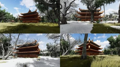 3D Traditional Asian Temple in Dynamic Seasonal Environments