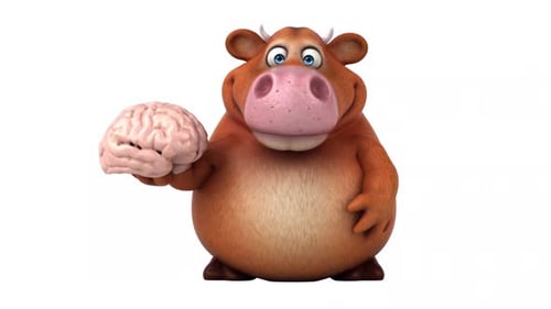 3D Cartoon Cow Holding Brain and Having Idea